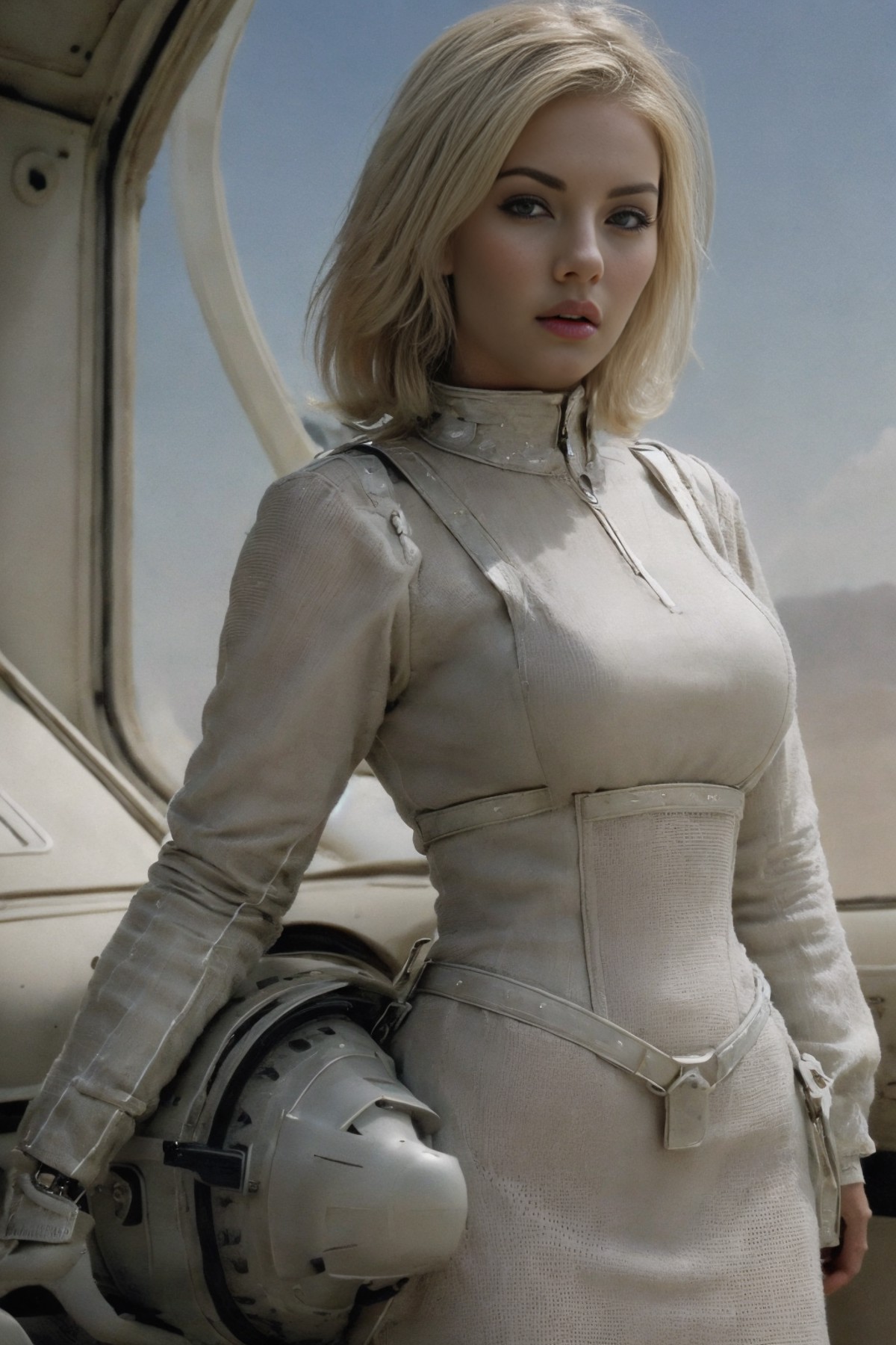 <lora:Elisha_Cuthbert:1> a woman in a polished aluminum suit in a desert moon landscape jetpack glass dome helmet (atompun...
